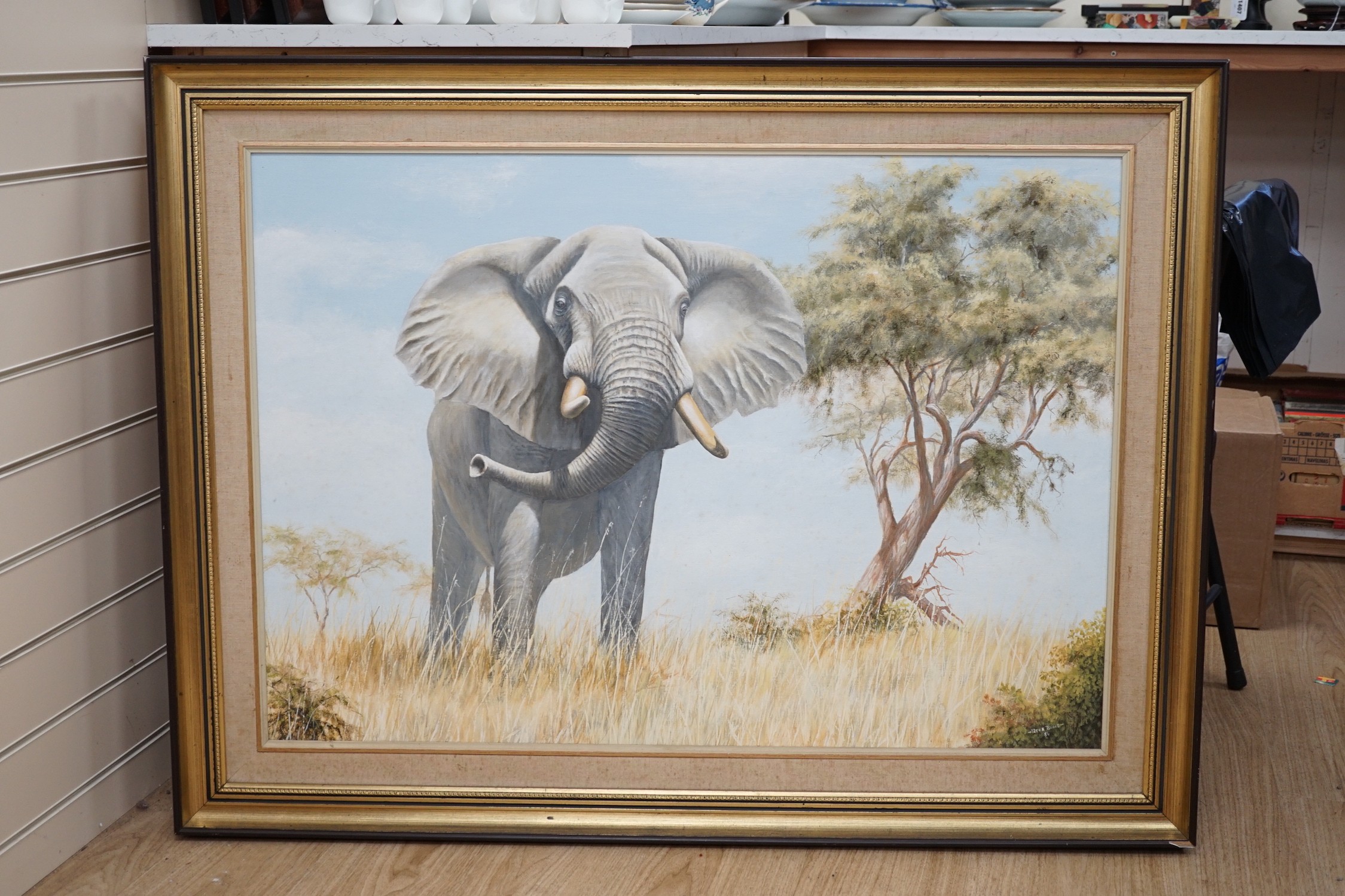 Peter Bruce (b.1949), oil on canvas board, 'Bull Elephant', signed and dated '84, 68 x 98cm